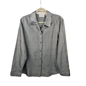 Dana Buchman Top Womens M Gray 100% Silk Blouse Button Up Shirt Business Career